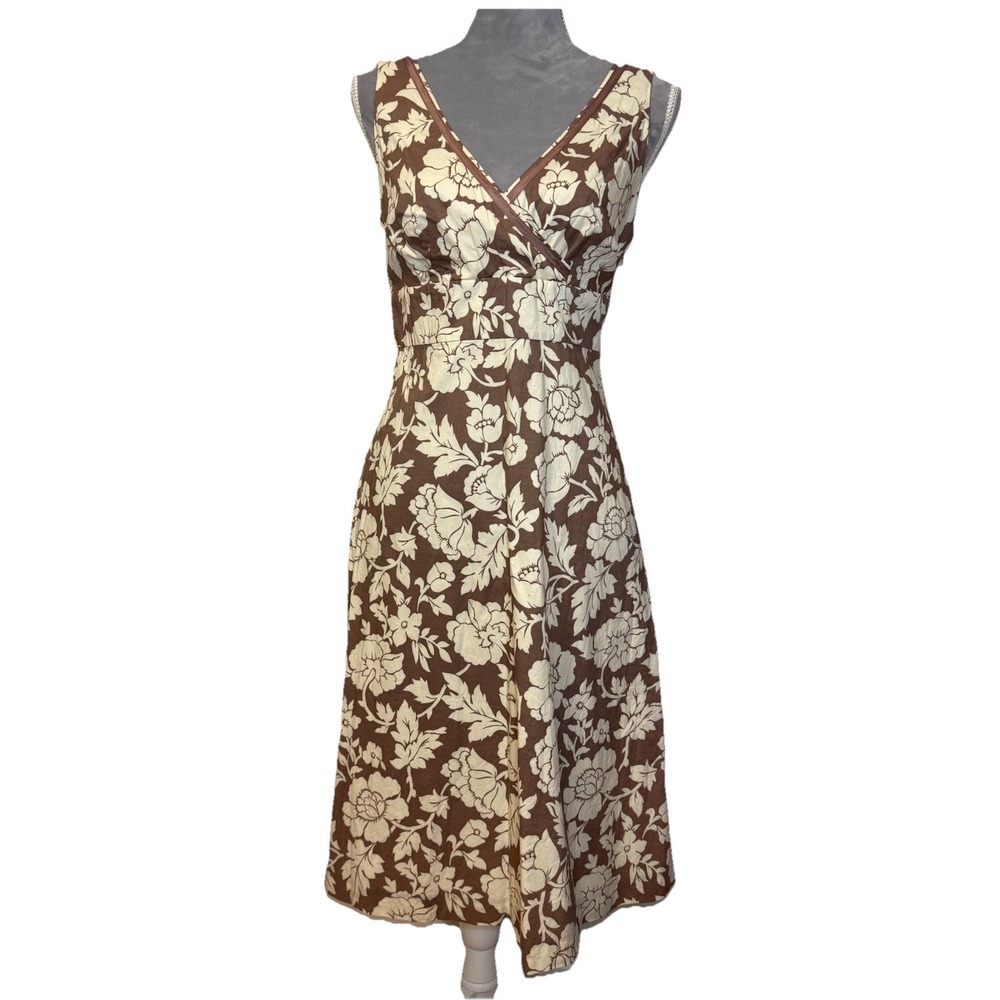 BODEN 100% Cotton Brown Tan Cream Floral Midi‎ Dress V-Neck Sleeveless Sz US 8